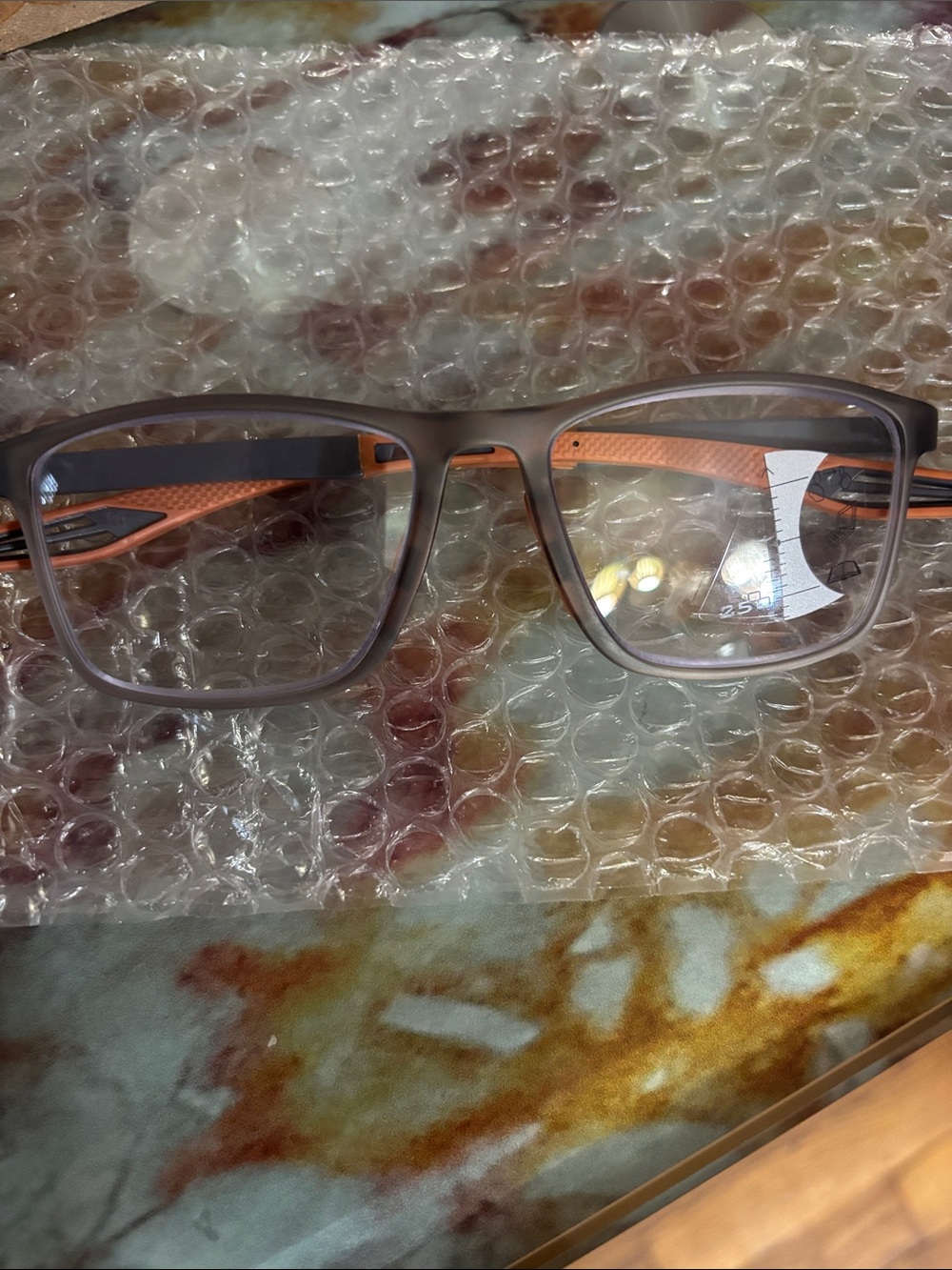 Men's Rectangular Fashion Eyeglasses in Gray with Orange Temples